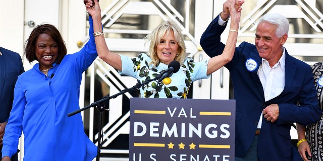 First lady Jill Biden attends a rally for Democratic Senate candidate Rep. Val Demings, D-Fla., and Florida Gubernatorial candidate Rep. Charlie Crist, D-Fla., on October 15, 2022 in Orlando, Florida.