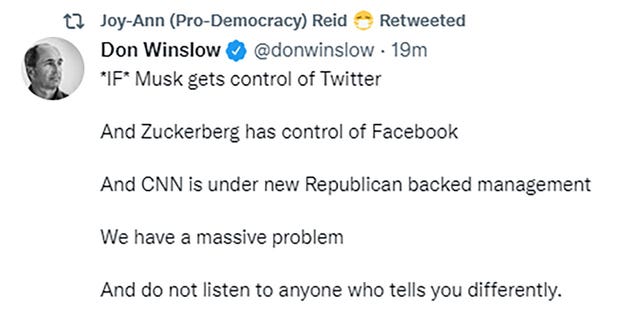 MSNBC host Joy Reid retweeted a comment from author Don Winslow on Musk's Twitter purchase.