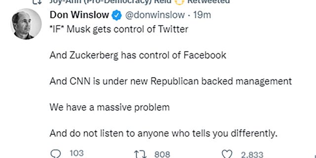 MSNBC host Joy Reid retweeted a comment from author Don Winslow on Musk's Twitter purchase.