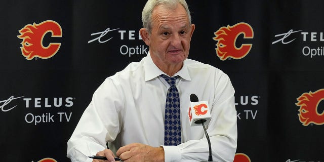 Flames Head coach Darryl Sutter speaks to the media after a win against the Pittsburgh Penguins at Scotiabank Saddledome on Oct. 25, 2022, in Calgary, Alberta.