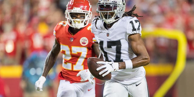 Las Vegas Raiders wide receiver Davante Adams (17) heads to the end zone during the first half against the Kansas City Chiefs on October 10th, 2022 at GEHA field in Kansas City, Missouri. 