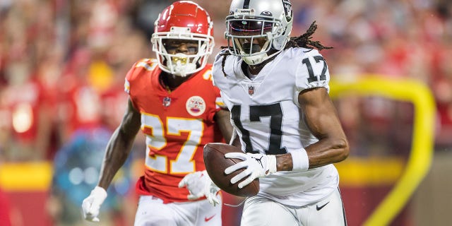 Las Vegas Raiders wide receiver Davante Adams (17) heads to the end zone during the first half against the Kansas City Chiefs on October 10th, 2022 at GEHA field in Kansas City, Missouri.