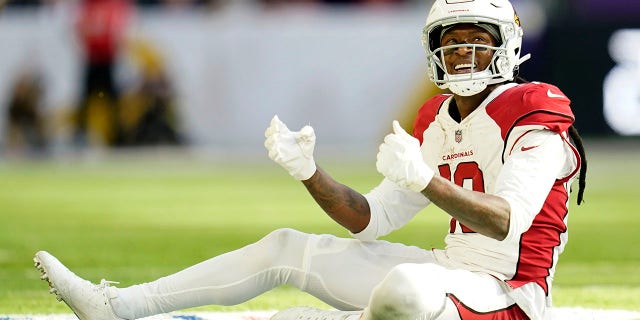 Arizona Cardinals wide receiver DeAndre Hopkins reacts after an incomplete pass against the Minnesota Vikings, Oct. 30, 2022, in Minneapolis.