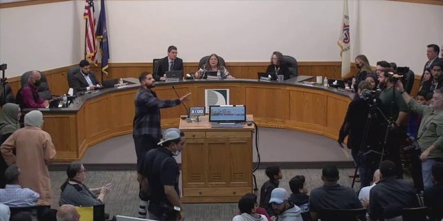 A Dearborn, Michigan, school board meeting ended after the fire marshal said the gathering broke the fire code, Oct. 10, 2022.