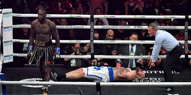 Robert Helenius lays on the ground in the 1st round of their 12-round WBC World Heavyweight Title Eliminator fight at Barclays Center in Brooklyn, New York, on October 15, 2022.