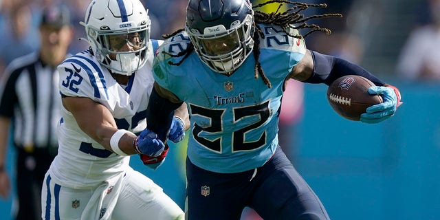 Titans running back Derrick Henry runs with the ball against the Indianapolis Colts, Sunday, Oct. 23, 2022, in Nashville, Tennessee.