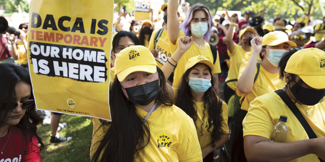 Mexican-born dreamer Susana Rujano (left), who lives in Houston, joins other activists at the Washington State Capitol on June 15, 2022 for the Deferred Action for Children's Arrivals, also known as DACA. I attend rallies that support the program.