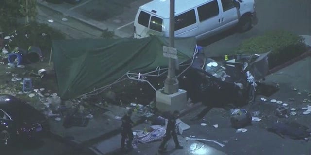 A deadly car crash into a Pomona taco stand left one person dead and more than a dozen. Two people were treated at the scene