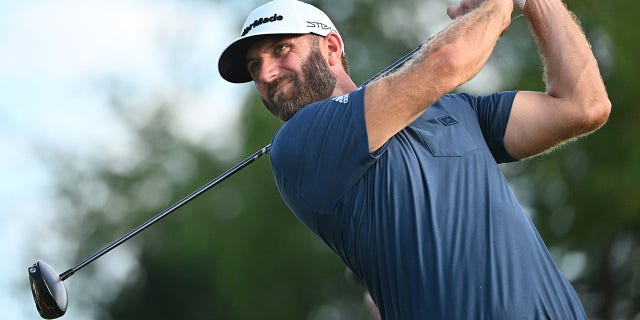 Dustin Johnson tees off during the final round of the Invitational Chicago LIV Golf tournament at Rich Harvest Farms on Sept. 18, 2022.