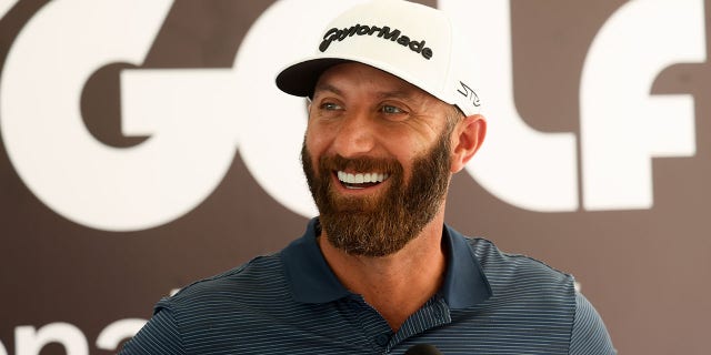 Dustin Johnson speaks to the media prior to the LIV Golf Invitational - Jeddah at Royal Greens Golf and Country Club on Oct. 12, 2022, in King Abdullah Economic City, Saudi Arabia.