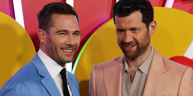 Luke Macfarlane (left) and Billy Eichner (right), stars of the movie "Bros" attend the premiere of the film in Los Angeles, California. 