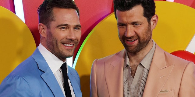 Luke Macfarlane (left) and Billy Eichner (right) attend the premiere of the film Bros, in Los Angeles, California.