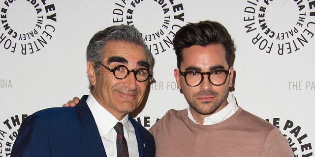 "Schitt's Creek" actors/creators/executive Producers Eugene Levy, left, and Daniel Levy attend the PALEYLIVE LA: An Evening With Schitts Creek, at the Paley Center for Media, in Beverly Hills, California, on March 2, 2016. 