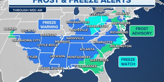 Frost and freeze alerts in the eastern U.S. through Wednesday morning