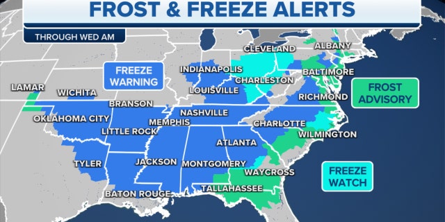 Frost and freeze alerts in the eastern U.S. through Wednesday morning