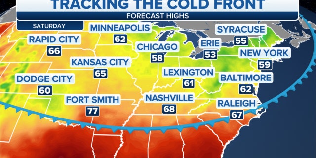 A cold front across the U.S. on Saturday