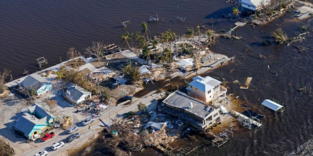 The bridge leading from Fort Myers to Pine Island, Fla., is seen heavily damaged in the aftermath of Hurricane Ian on Pine Island, Florida, Saturday, Oct. 1, 2022.