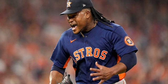 Astros pitcher Framber Valdez celebrates a double play to end the top of the sixth inning in Game 2 of the World Series against the Philadelphia Phillies on Saturday, Oct. 29, 2022, in Houston.