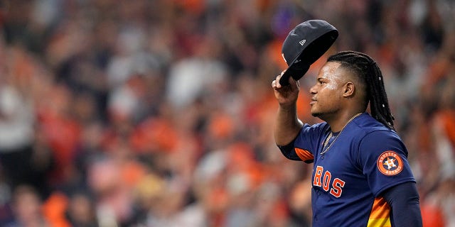 Astros starting pitcher Framber Valdez tips his cap as he leaves the game during the seventh inning of Game 2 of the World Series against the Philadelphia Phillies on Saturday, Oct. 29, 2022, in Houston.