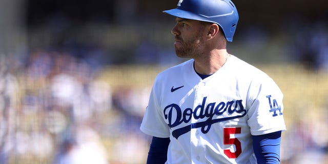 Freddie Freeman #5 of the Los Angeles Dodgers looks on during a game against the Colorado Rockies at Dodger Stadium on October 02, 2022 in Los Angeles, California.