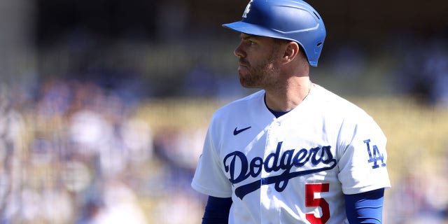 Freddie Freeman #5 of the Los Angeles Dodgers looks on during a game against the Colorado Rockies at Dodger Stadium on October 02, 2022 in Los Angeles, California.