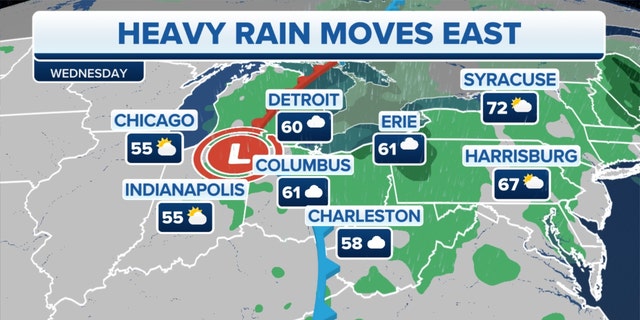 Heavy rain moves eastward over the Great Lakes, Northeast