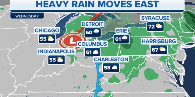 Heavy rain moves eastward over the Great Lakes, Northeast