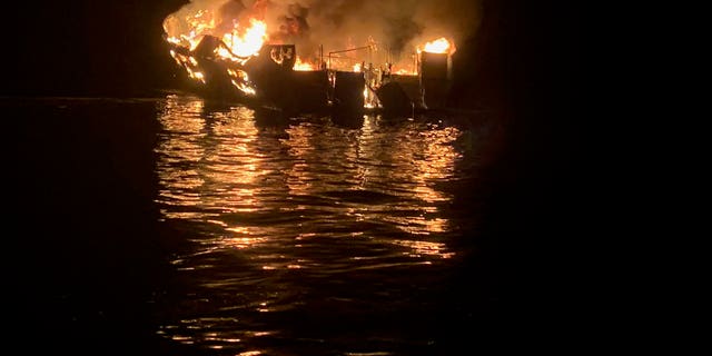 In this bulletin provided by the Santa Barbara County Fire Department, the 75-foot vehicle, based in the Port of Santa Barbara, burns after a fire early September 2, 2019, mooring off Santa Cruz Island, California.