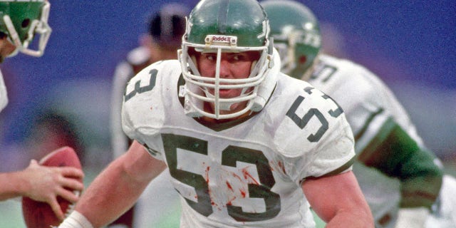 Offensive lineman Jim Sweeney of the New York Jets in action against the Cleveland Browns at Giants Stadium on Dec. 22, 1985, in East Rutherford, New Jersey.