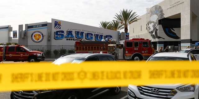 SANTA CLARITA, Nov. 14, 2019 -- Photo taken on Nov. 14, 2019 shows Saugus High School where a shooting took place in Santa Clarita, Southern California.