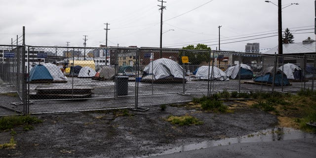 Tents are shown at a camp set up for people experiencing homelessness in Portland, Oregon, on April 22, 2020.