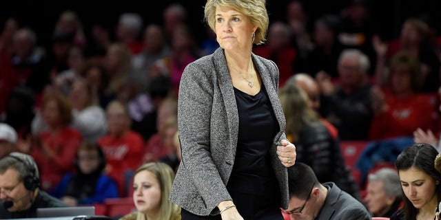 Head coach Lisa Bluder, of the Iowa Hawkeyes, watches the game against the Maryland Terrapins at Xfinity Center on Feb. 13, 2020 in College Park, Maryland. 
