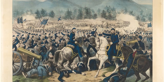 The Battle of Gettysburg, Pa., July 3rd, 1863. Artist Currier and Ives. About 50,000 men were killed, wounded or went missing in the three-day battle.