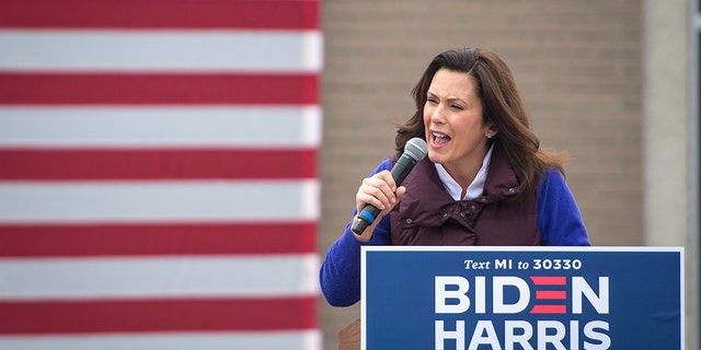 Michigan Governor Gretchen Whitmer speaks before Democratic Vice Presidential candidate Sen. Kamala Harris, D-Calif., at IBEW Local 58 on October 25, 2020 in Detroit, Michigan. 