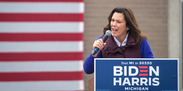 Michigan Gov. Gretchen Whitmer speaks before Democratic Vice Presidential nominee Sen. Kamala Harris, D-California, appears at IBEW Local Union 58 on October 25, 2020, in Detroit, Michigan. 