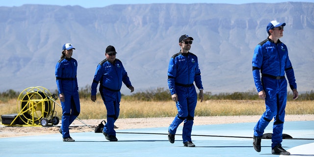 (L-R) Blue Origins Vice President of Mission &amp; Flight Operations Audrey Powers, "Star Trek" actor William Shatner, Planet Labs co-founder Chris Boshuizen and Medidata Solutions Co-Founder Glen de Vries. The group is seen arriving to attend a press conference at the New Shepard rocket landing pad on Oct. 13, 2021, in the West Texas region, 25 miles north of Van Horn.