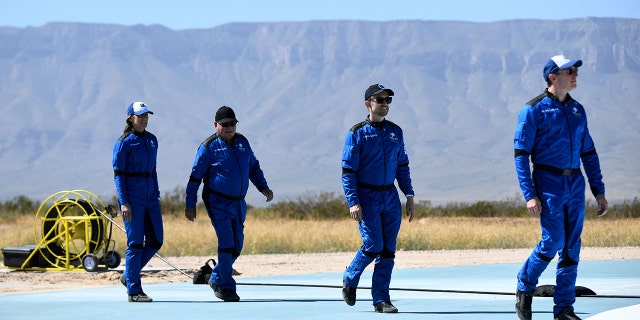 (L-R) Blue Origins Vice President of Mission & Flight Operations Audrey Powers, "Star Trek" actor William Shatner, Planet Labs co-founder Chris Boshuizen and Medidata Solutions Co-Founder Glen de Vries. The group is seen arriving to attend a press conference at the New Shepard rocket landing pad on Oct. 13, 2021, in the West Texas region, 25 miles north of Van Horn.
