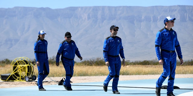 (L-R) Blue Origins Vice President of Mission &amp; Flight Operations Audrey Powers, "Star Trek" actor William Shatner, Planet Labs co-founder Chris Boshuizen and Medidata Solutions Co-Founder Glen de Vries. The group is seen arriving to attend a press conference at the New Shepard rocket landing pad on Oct. 13, 2021, in the West Texas region, 25 miles north of Van Horn.