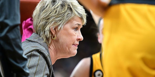 Iowa Hawkeyes coach Lisa Bluder talks to her team during a timeout during a first round Women's NCAA Basketball Tournament game between the Illinois State Redbirds and the Iowa Hawkeyes on March 18, 2022, at Carver-Hawkeye Arena in Iowa City, Iowa. 