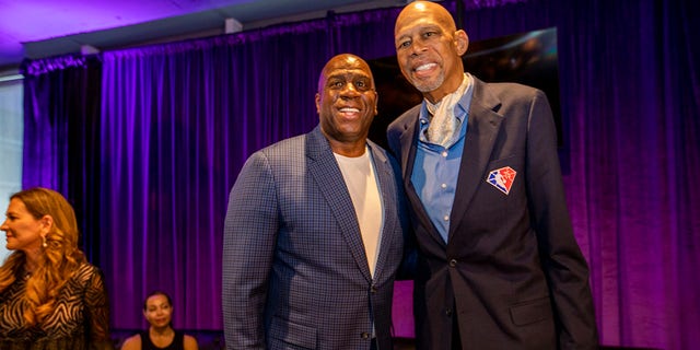 Magic Johnson, left, and Kareem Abdul-Jabbar, celebrating Kareem's birthday in the Lakers Lounge at Crypto.com April 8, 2022, in Los Angeles. 