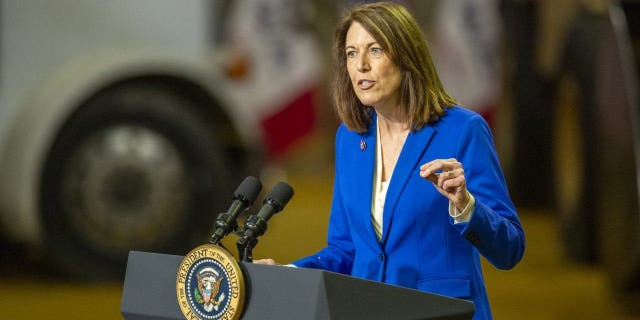 Rep. Cindy Axne speaks at the POET Bioprocessing facility in Menlo, Iowa, on April 12, 2022.