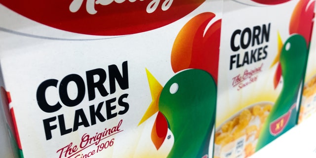 Kellogg's Corn Flakes packaging are seen in a store in Poland on April 19, 2022. 