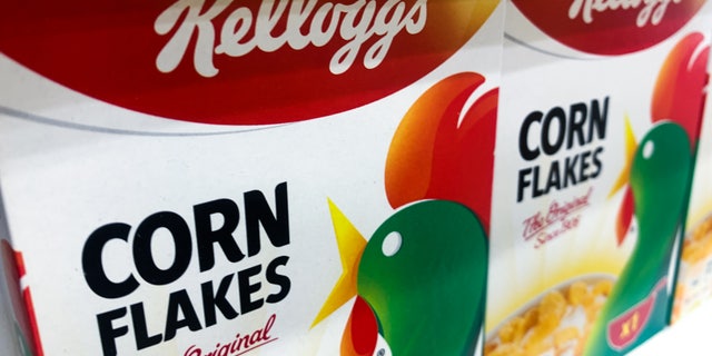 Kellogg's Corn Flakes packaging are seen in a store in Poland on April 19, 2022.