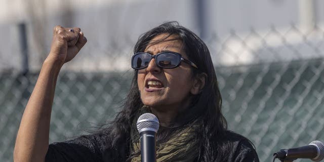 Kshama Sawant, a member of the Seattle City Council, addresses demonstrators during an Amazon Labor Union (ALU) rally in the Staten Island borough of New York, U.S., on Sunday, April 24, 2022.
