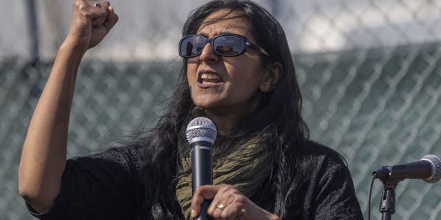 Kshama Sawant, a member of the Seattle City Council, addresses demonstrators during an Amazon Labor Union (ALU) rally in the Staten Island borough of New York, U.S., on Sunday, April 24, 2022.
