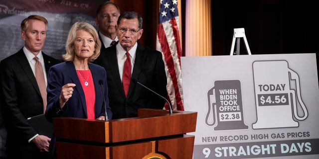 WASHINGTON, DC - MAY 18: Sen. Lisa Murkowski, R-AK, speaks during a news conference about high gas prices at the U.S. Capitol on May 18, 2022 in Washington, DC.