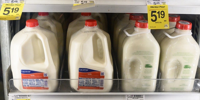 Milk prices are displayed in a supermarket in Washington, DC, on May 26, 2022, as Americans brace for summer sticker shock as inflation continues to grow.
