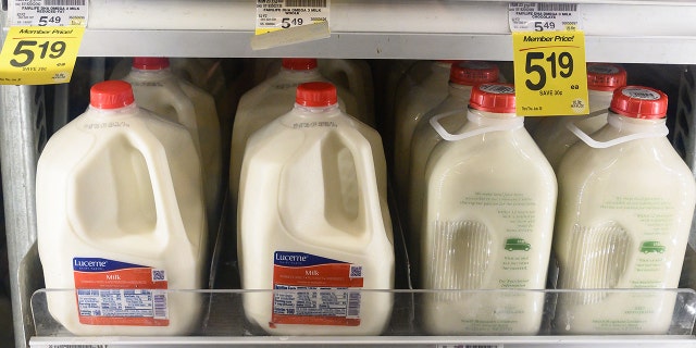 Milk prices are displayed in a supermarket in Washington, DC, on May 26, 2022, as Americans brace for summer sticker shock as inflation continues to grow.