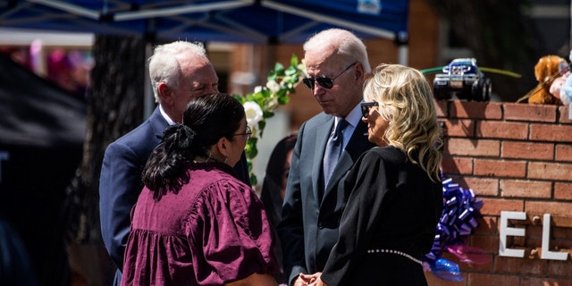 President Biden and First Lady Jill Biden greet Mandy Gutierrez (C), the principal of Robb Elementary School, and Superintendent Hal Harrell (L) on May 29, 2022.