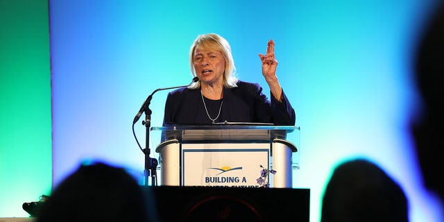 Gov. Janet Mills speaks during the Democratic State Convention at the Cross Insurance Center in Bangor.